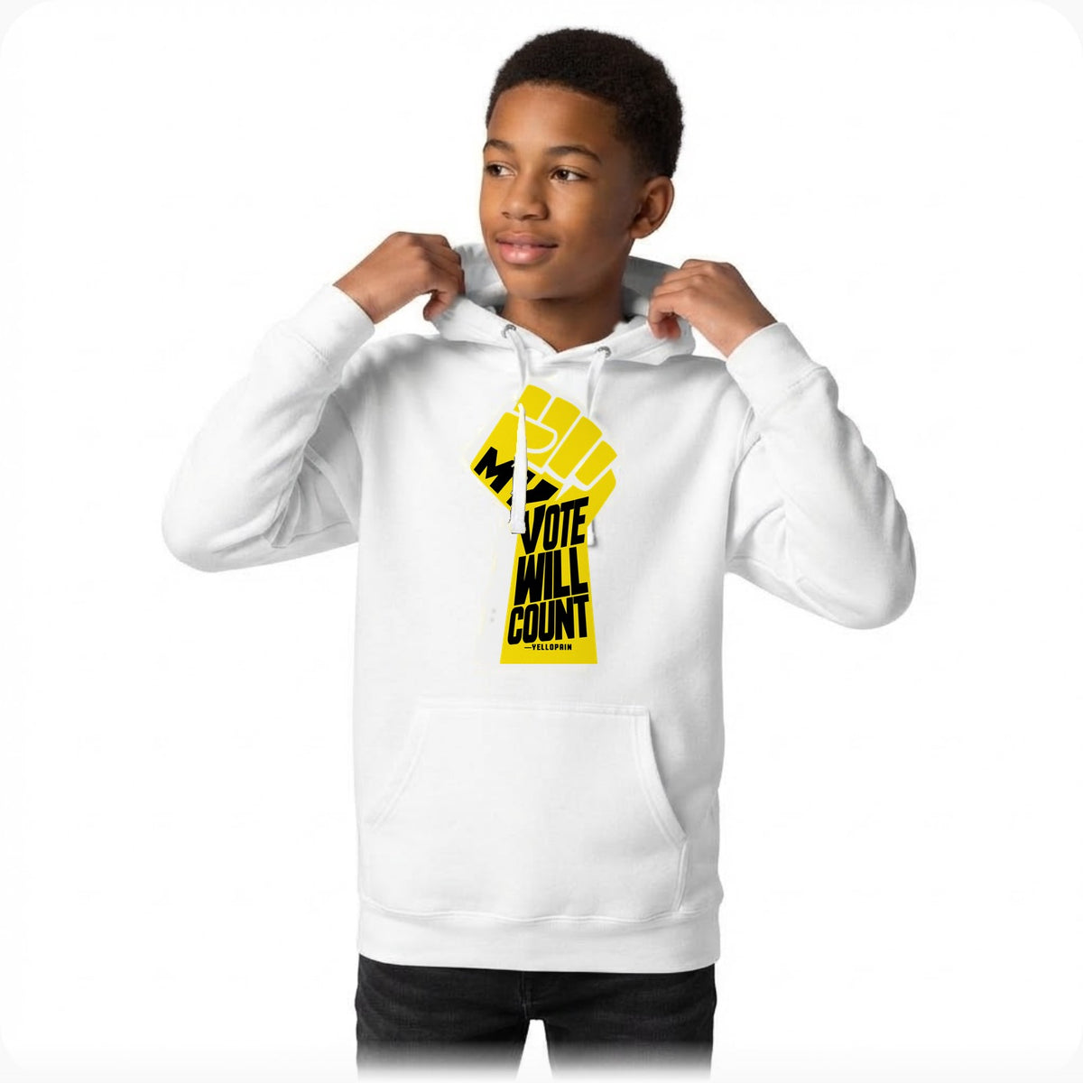 Teen model wearing the white My Vote Will Count hoodie