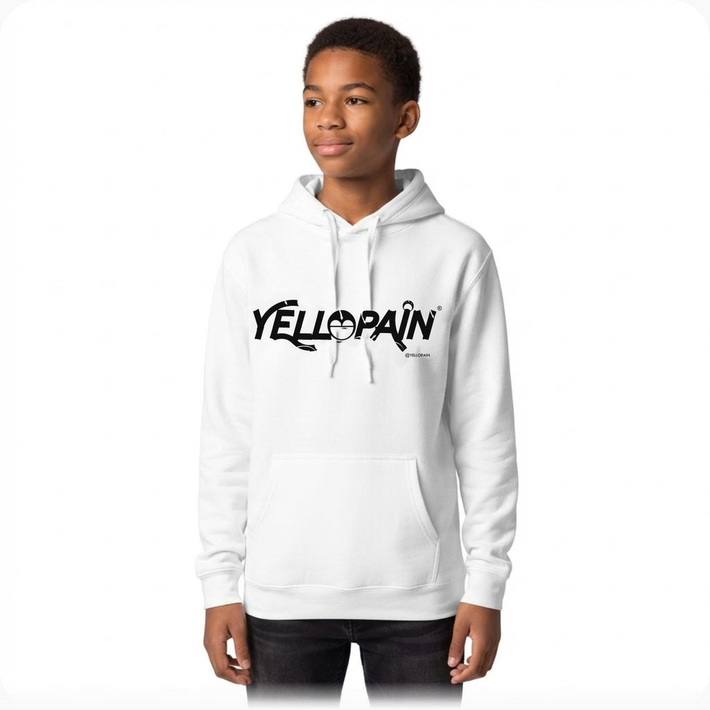 Teen model wearing the white YelloPain logo hoodie