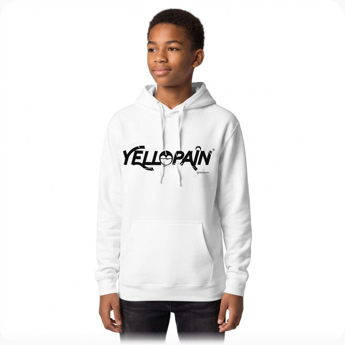 Teen model wearing the white YelloPain logo hoodie