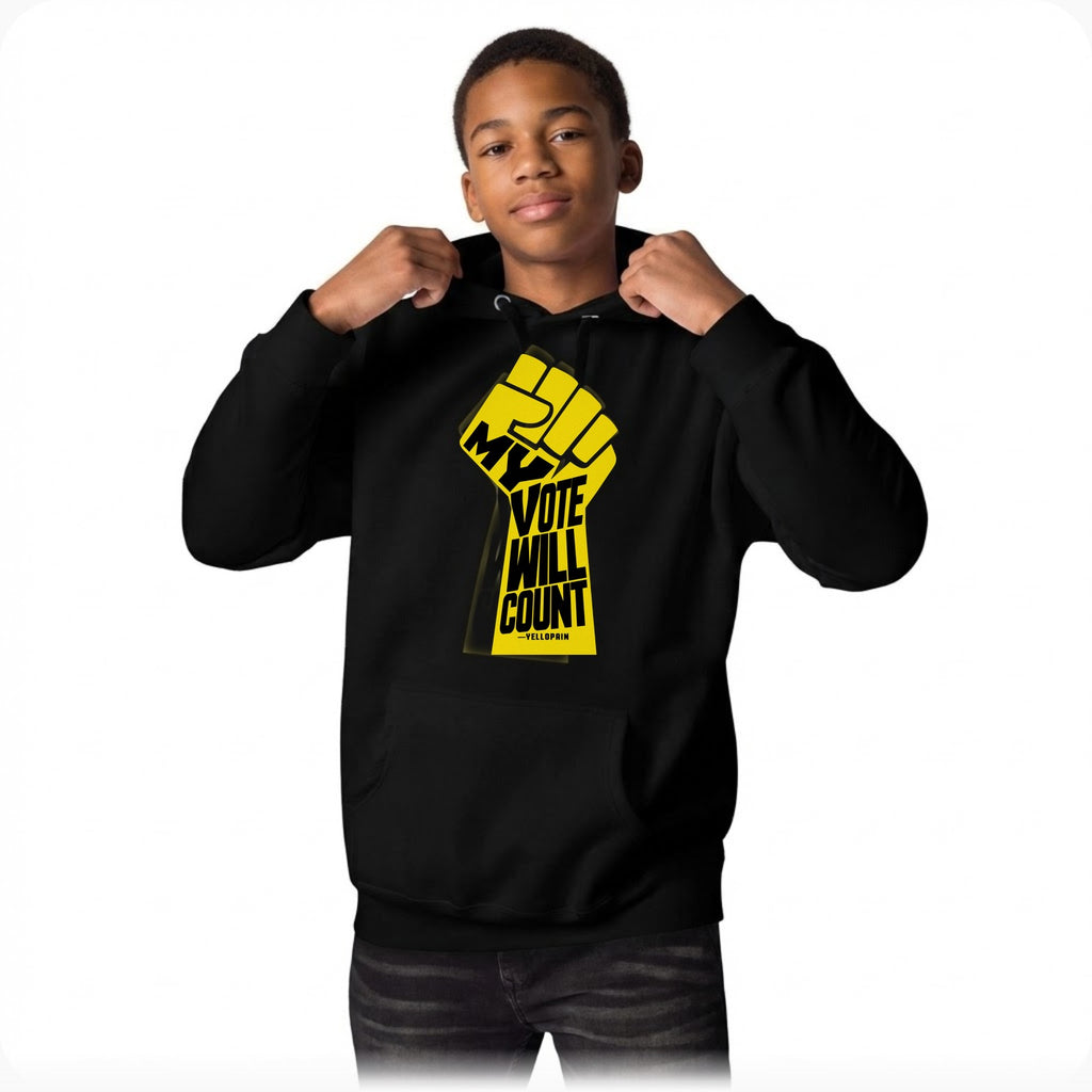 Teen model wearing the black My Vote Will Count hoodie