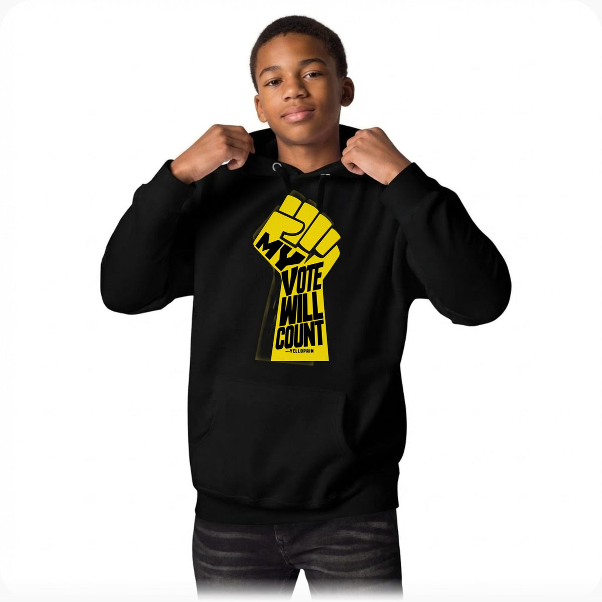 Teen model wearing the black My Vote Will Count hoodie